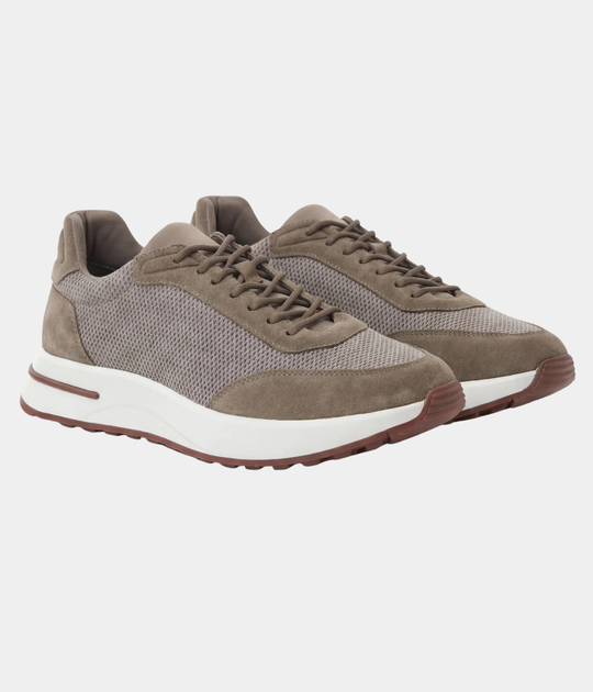 Men’s Taupe Suede & Mesh Low Top Walking Sneakers with White Sole