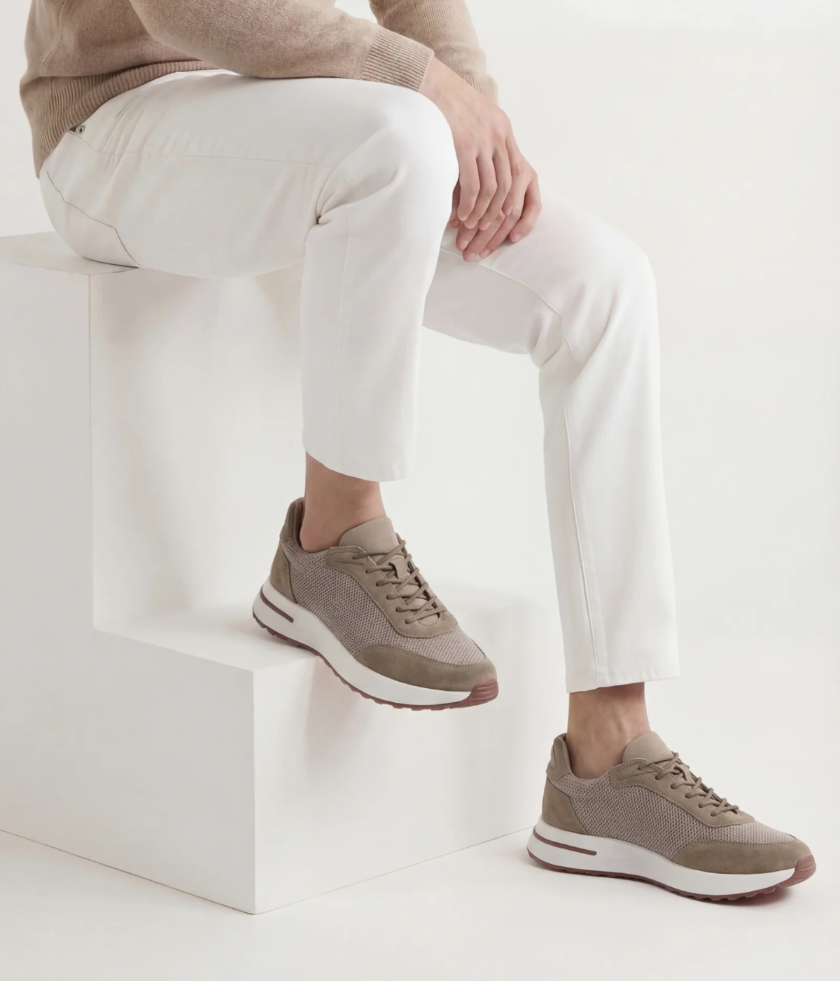 Men’s Taupe Suede & Mesh Low Top Walking Sneakers with White Sole, view 3