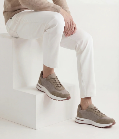 Men’s Taupe Suede & Mesh Low Top Walking Sneakers with White Sole, view 3