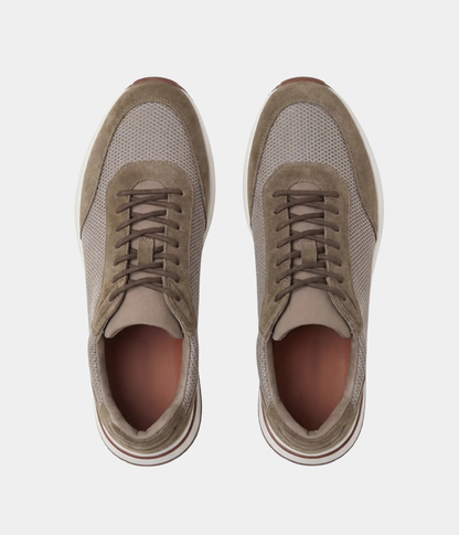 Men’s Taupe Suede & Mesh Low Top Walking Sneakers with White Sole, view 6