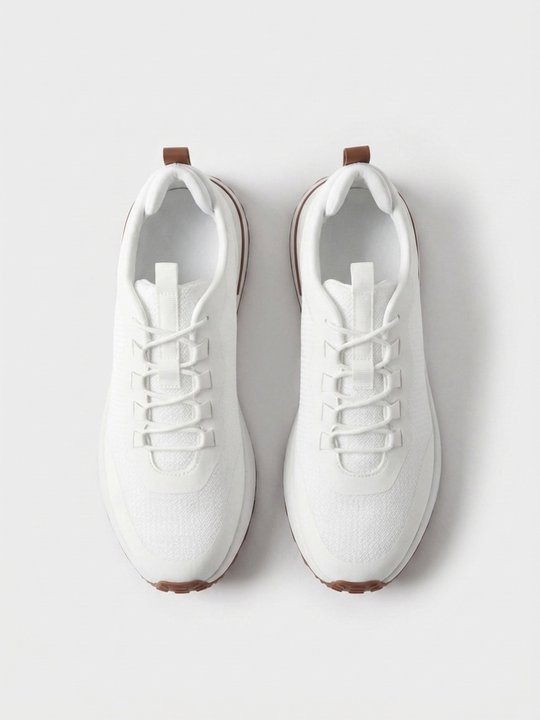 Men’s White Fused Mesh Low Top Walking Sneakers with White Sole