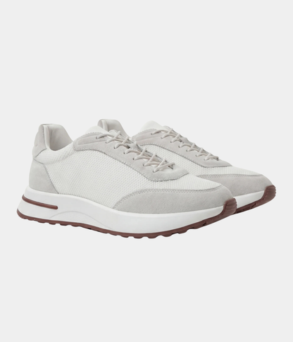 Men’s White Suede & Mesh Low Top Walking Sneakers with White Sole, view 2