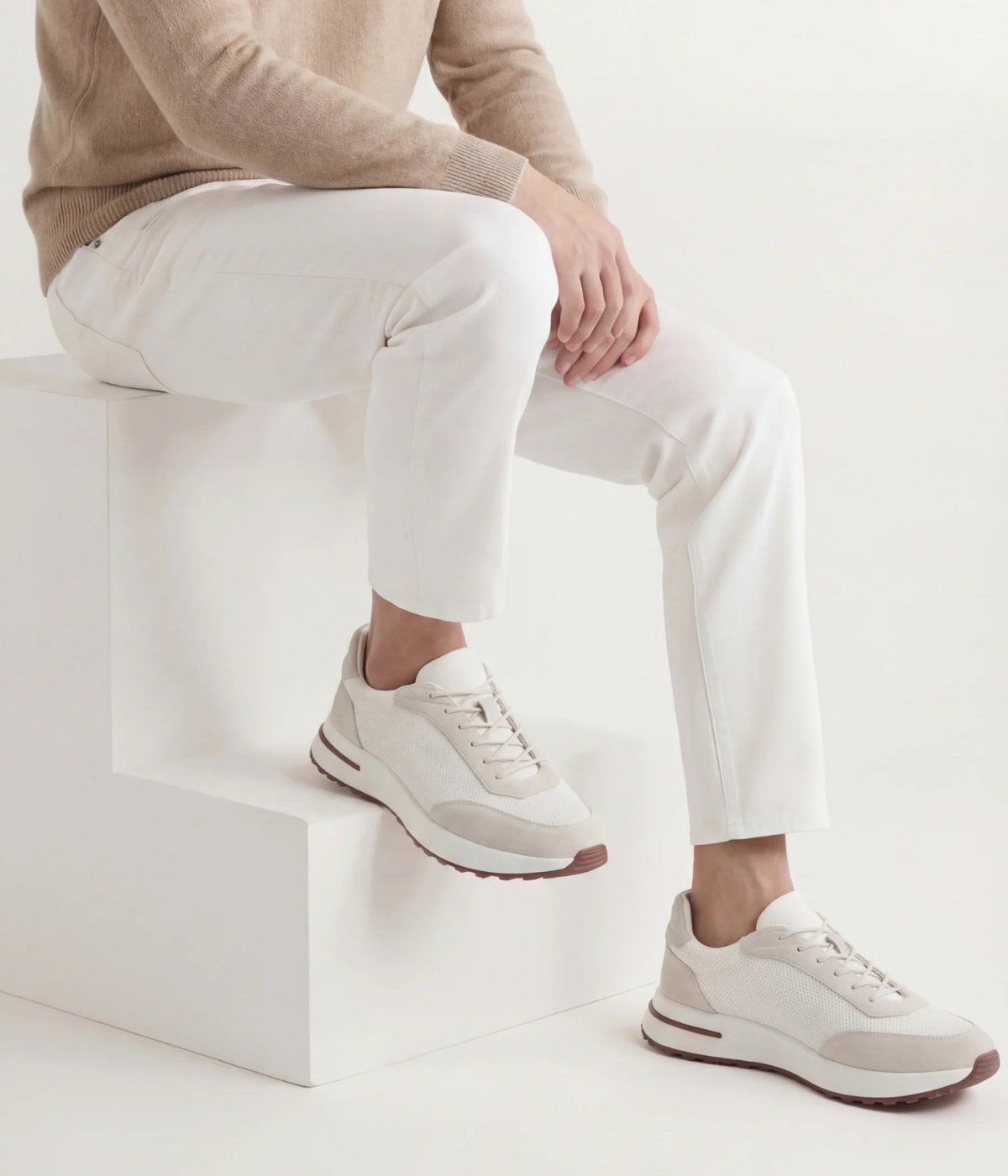 Men’s White Suede & Mesh Low Top Walking Sneakers with White Sole, view 3