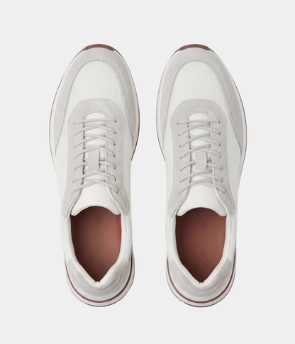 Men’s White Suede & Mesh Low Top Walking Sneakers with White Sole, view 6