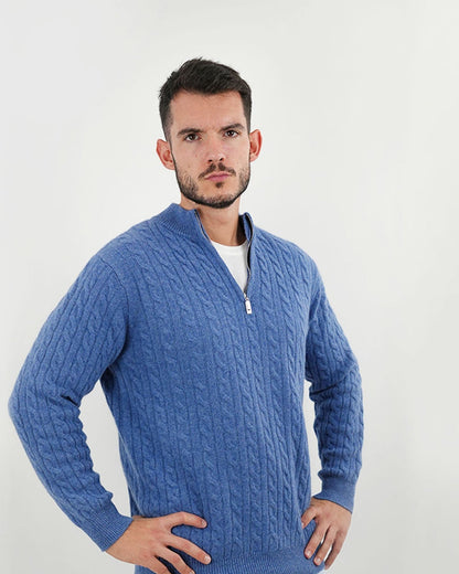 Men's Cashmere Wool Blend Cable Knit Half Zip Sweater, view 16