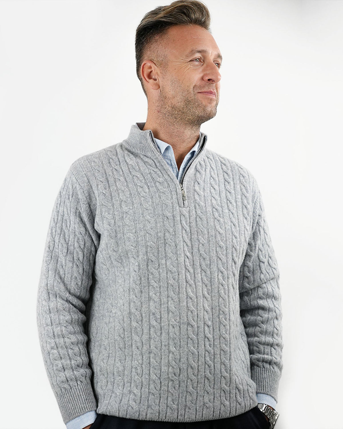 Men's Cashmere Wool Blend Cable Knit Half Zip Sweater, view 8