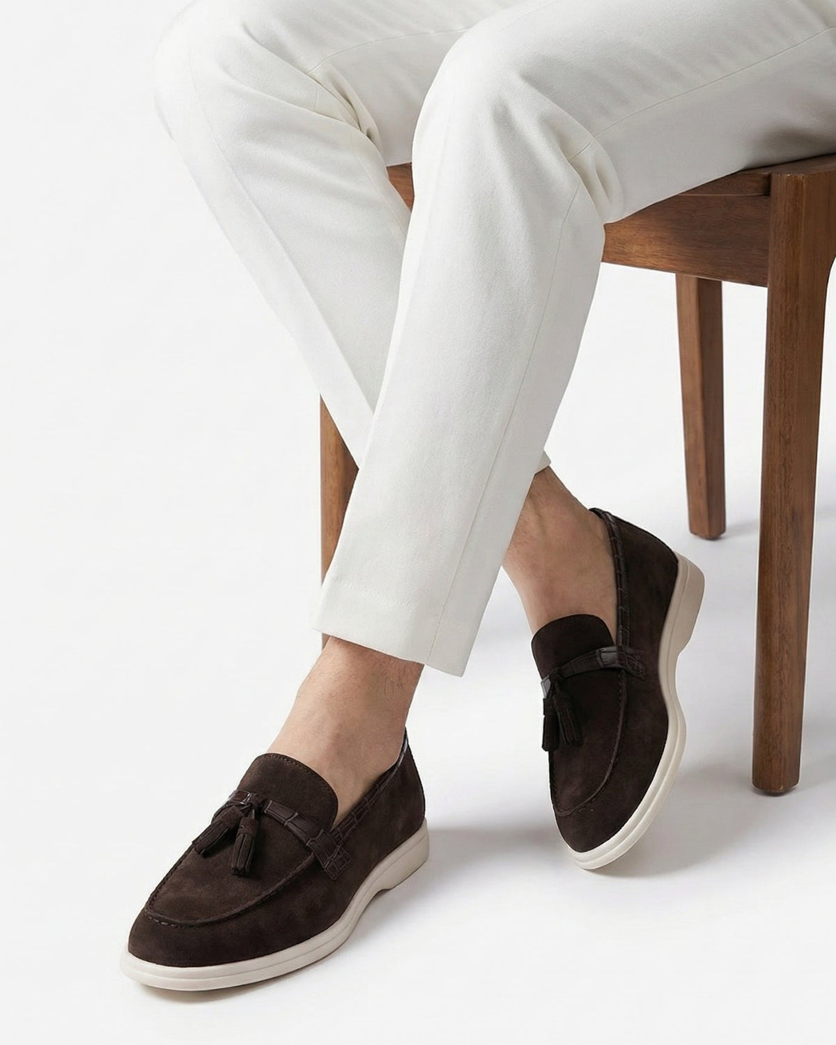 Men's Coffee Suede Tassel Loafers Genuine Leather, view 3