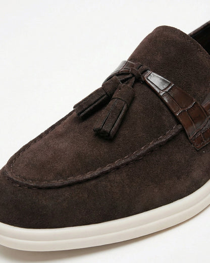 Men's Coffee Suede Tassel Loafers Genuine Leather, view 4
