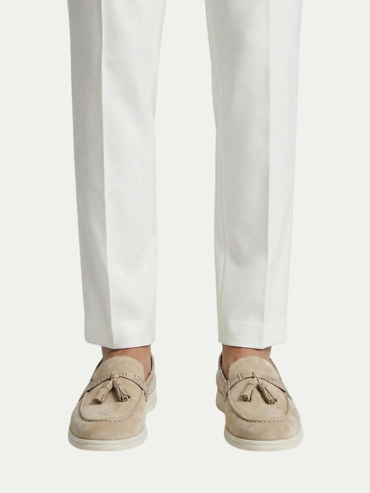 Men's Cream White Genuine Leather Tassel Loafers