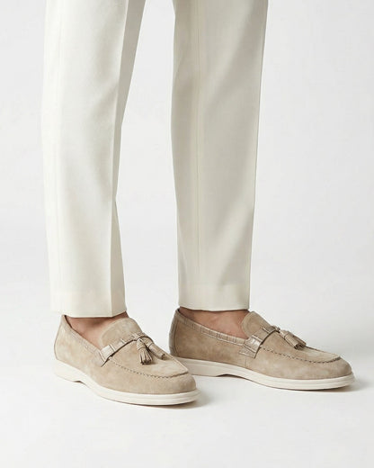 Men's Cream White Genuine Leather Tassel Loafers, view 3
