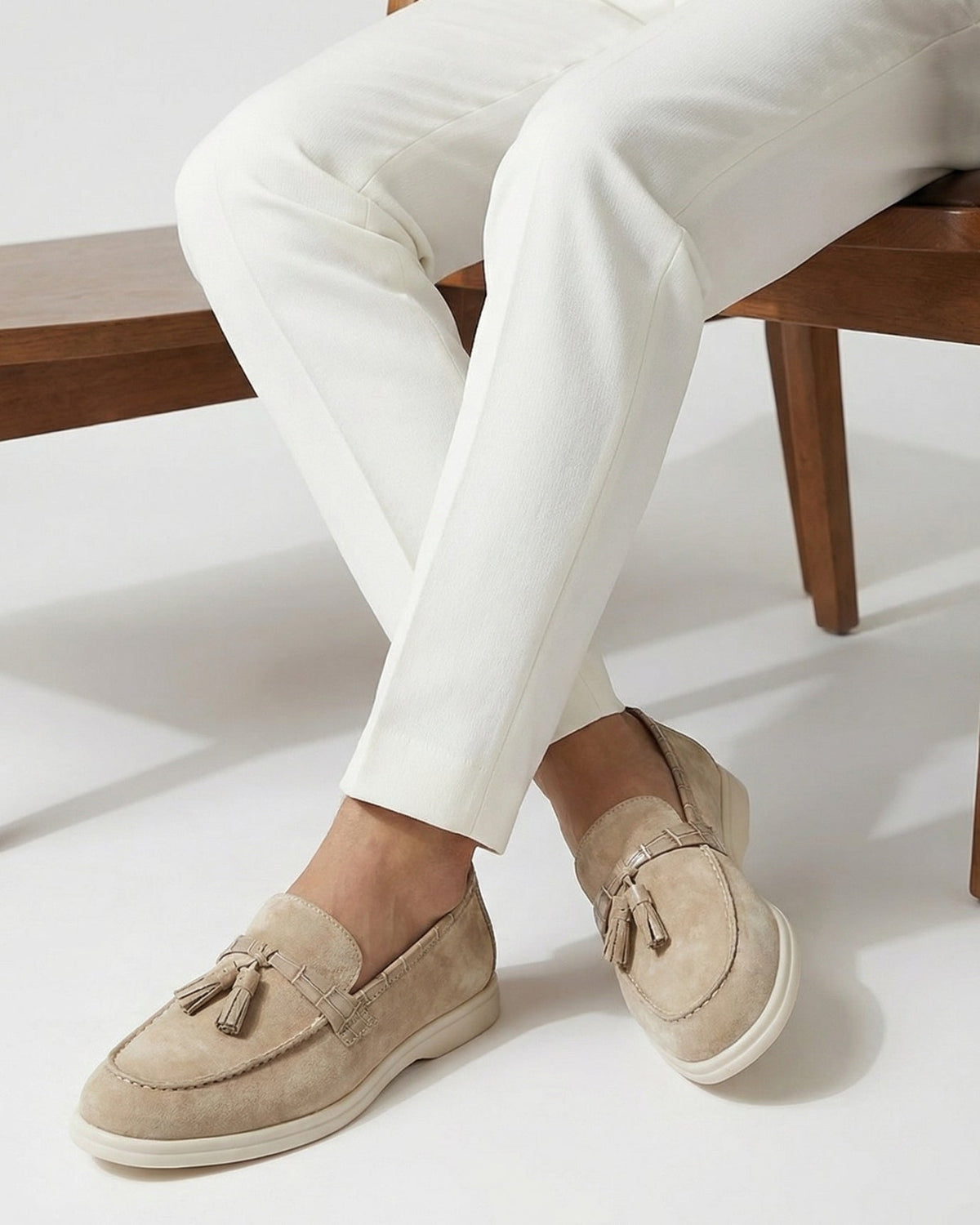Men's Cream White Genuine Leather Tassel Loafers, view 5