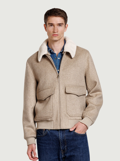 Men's Faux Fur Collar Bomber Jacket with Flap Pockets, House of Zeno