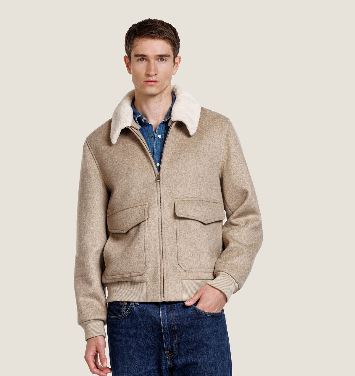 Men's Faux Fur Collar Bomber Jacket with Flap Pockets, view 2