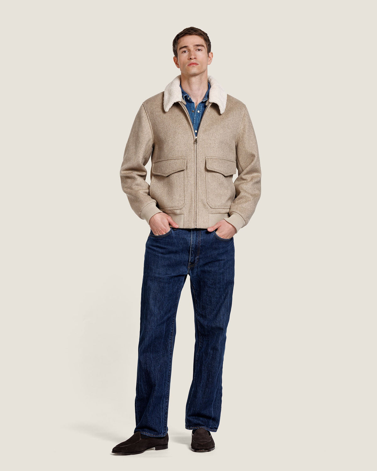 Men's Faux Fur Collar Bomber Jacket with Flap Pockets, view 3