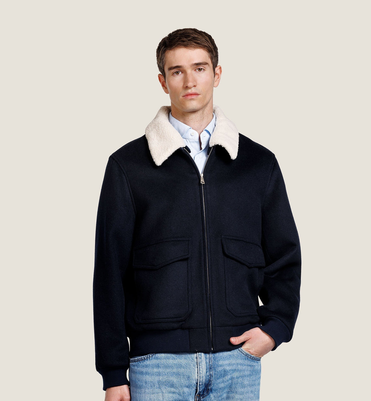 Men's Faux Fur Collar Bomber Jacket with Flap Pockets, view 6