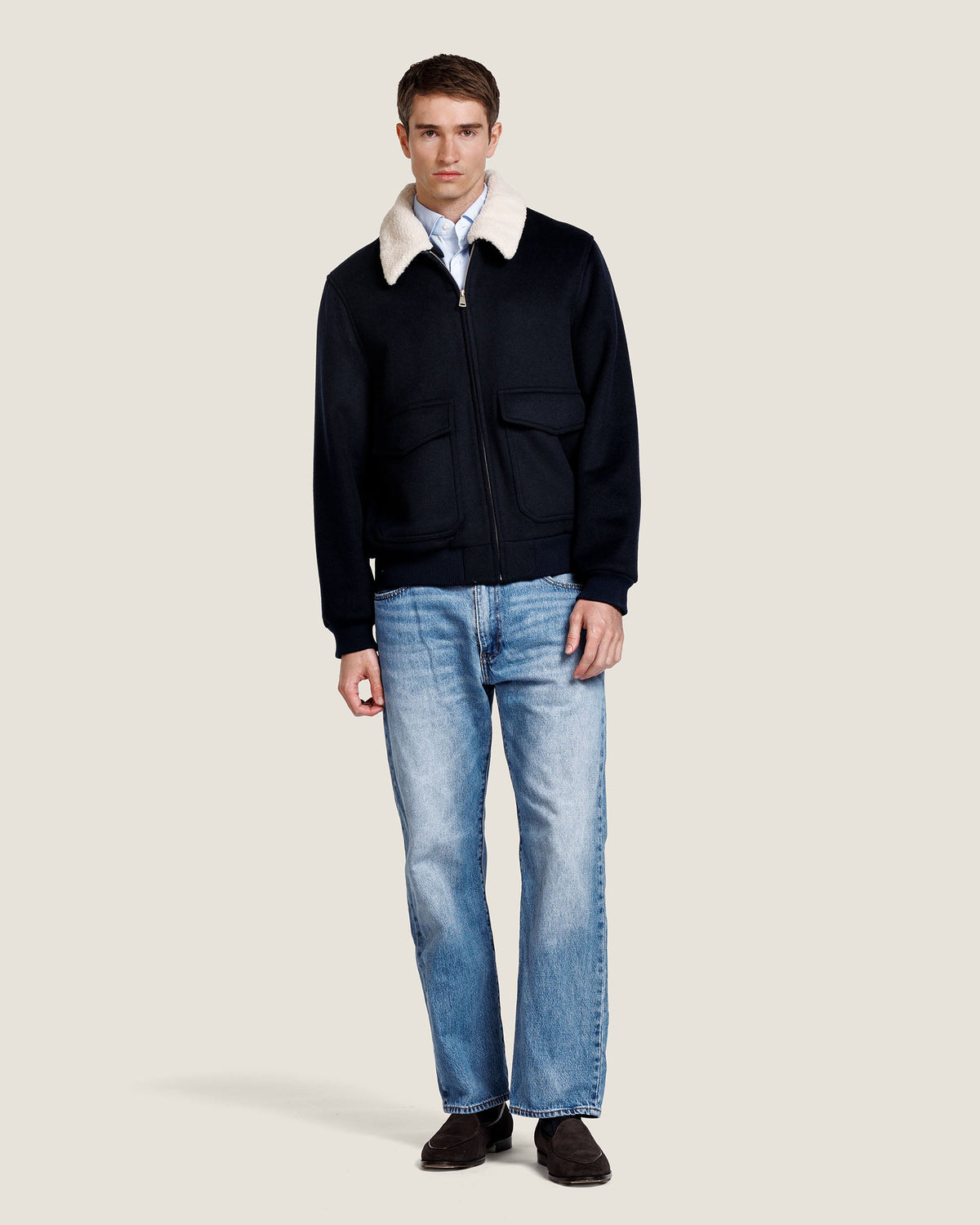 Men's Faux Fur Collar Bomber Jacket with Flap Pockets, view 7