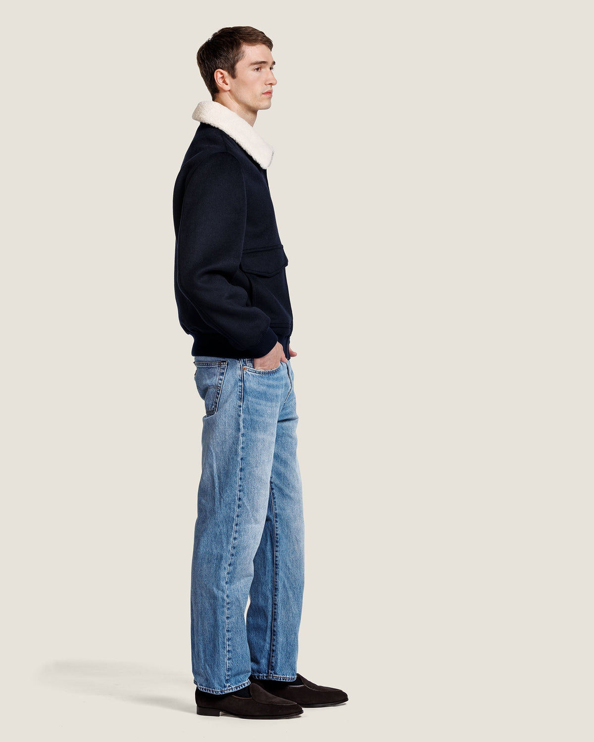 Men's Faux Fur Collar Bomber Jacket with Flap Pockets, view 8