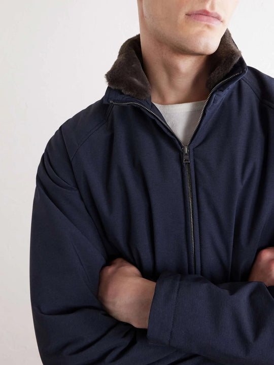 Men's Fur Trimmed Zip Up Bomber Jacket with Raglan Sleeves
