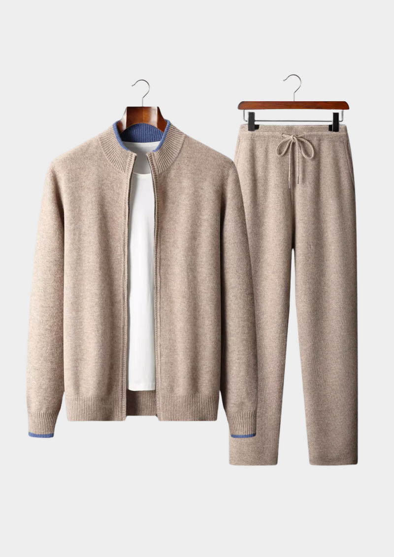 Men's Knit Zip Up Cardigan and Drawstring Pants Set with Contrast Trim, House of Zeno