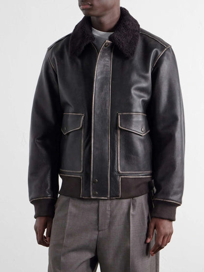 Men's Leather Bomber Jacket with Shearling Collar and Flap Pockets, House of Zeno