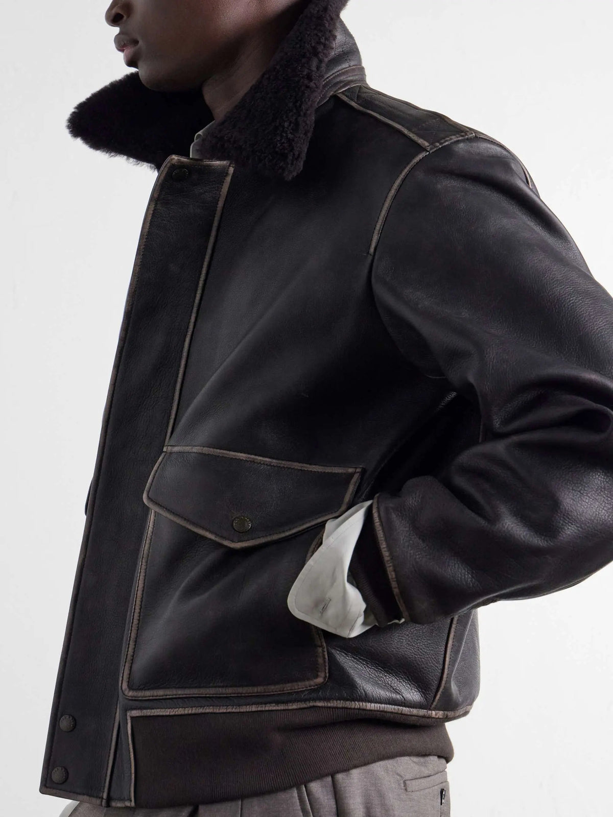 Men's Leather Bomber Jacket with Shearling Collar and Flap Pockets, view 2
