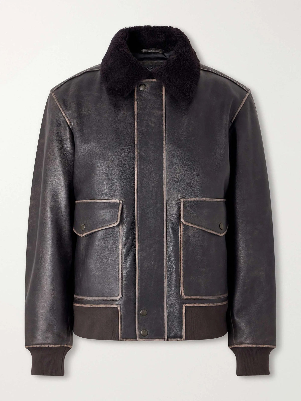 Men's Leather Bomber Jacket with Shearling Collar and Flap Pockets, view 4