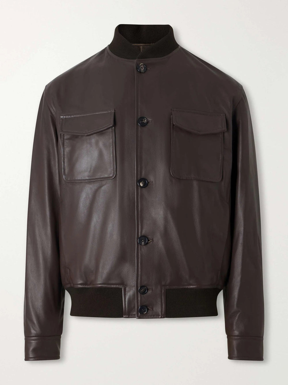 Men's Leather Button Up Bomber Jacket with Flap Pockets, House of Zeno