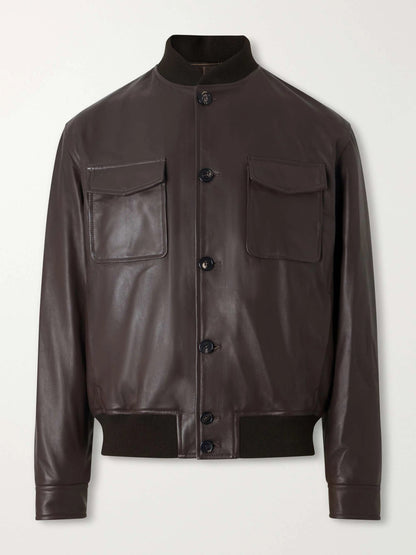 Men's Leather Button Up Bomber Jacket with Flap Pockets, House of Zeno
