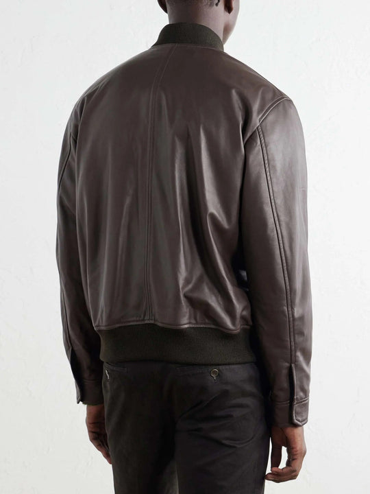 Men's Leather Button Up Bomber Jacket with Flap Pockets