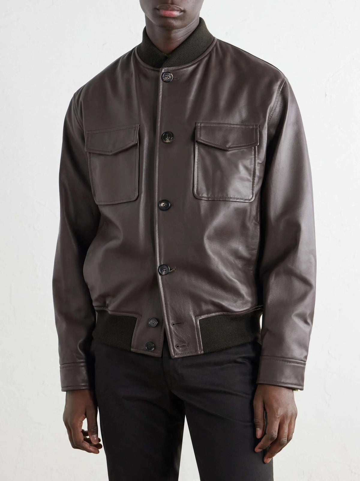 Men's Leather Button Up Bomber Jacket with Flap Pockets, view 3