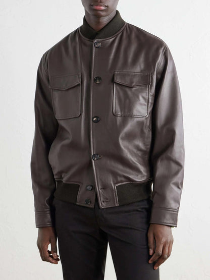 Men's Leather Button Up Bomber Jacket with Flap Pockets, view 3