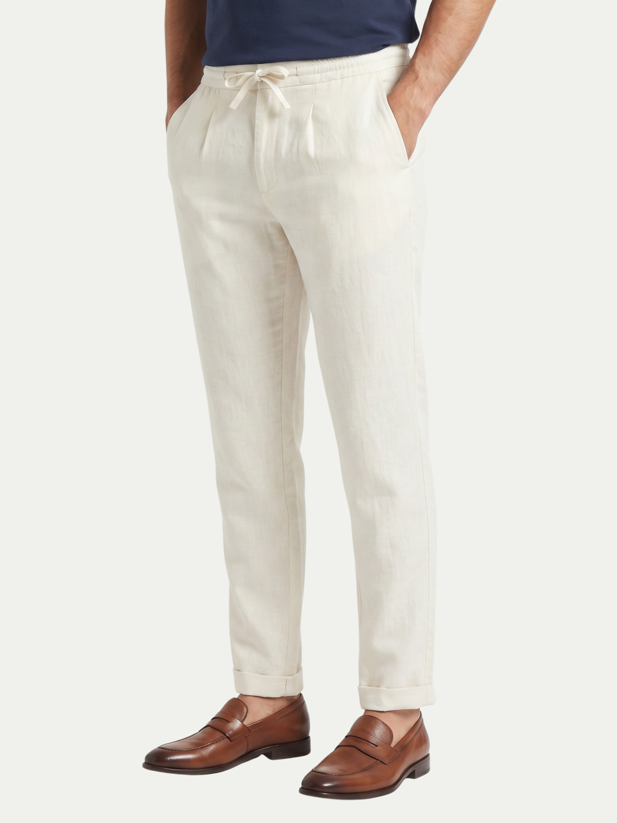 Men's Linen Drawstring Tapered Pants with Zip Fly, House of Zeno