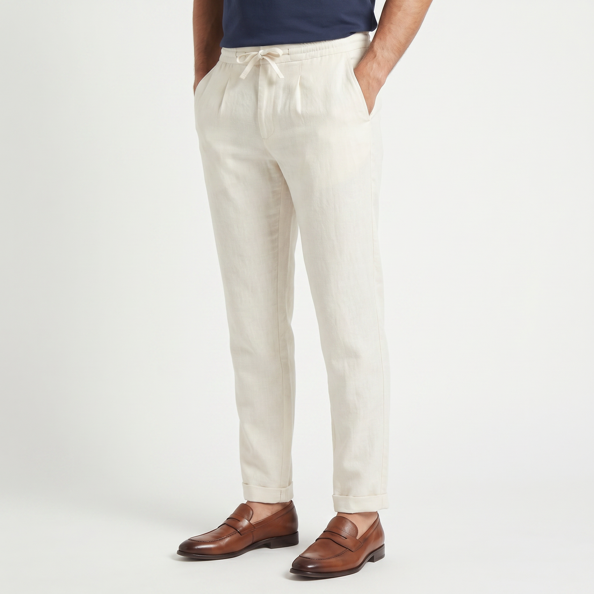 Men's Linen Drawstring Tapered Pants with Zip Fly, view 2