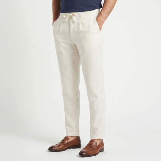 Men's Linen Drawstring Tapered Pants with Zip Fly