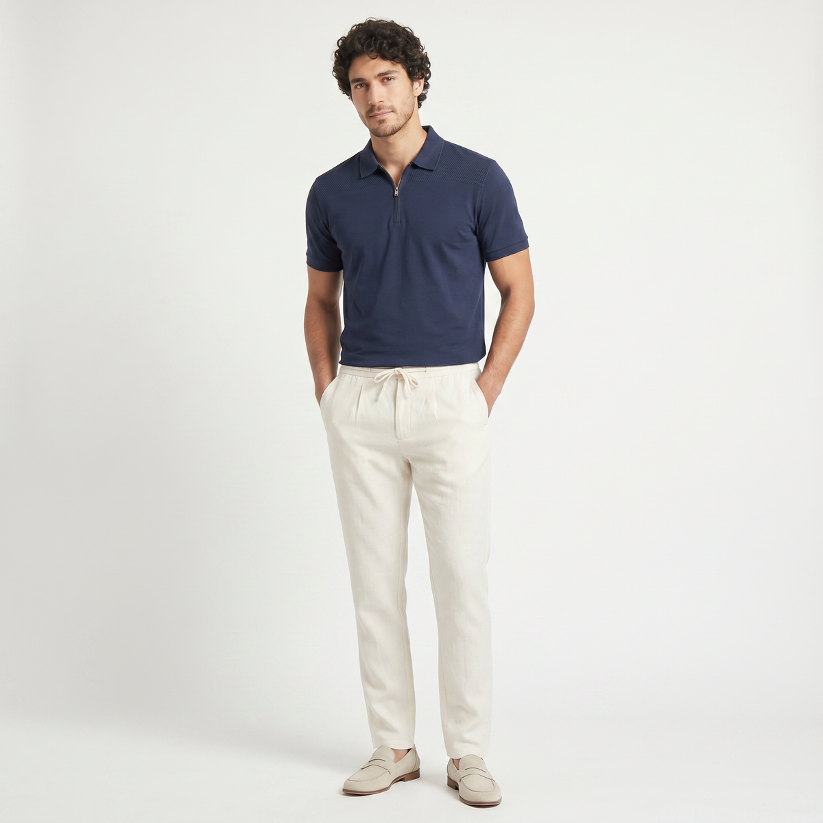 Men's Linen Drawstring Tapered Pants with Zip Fly, view 6
