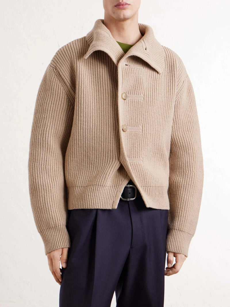Men's Ribbed Wool Wide Collar Button Up Cardigan, House of Zeno