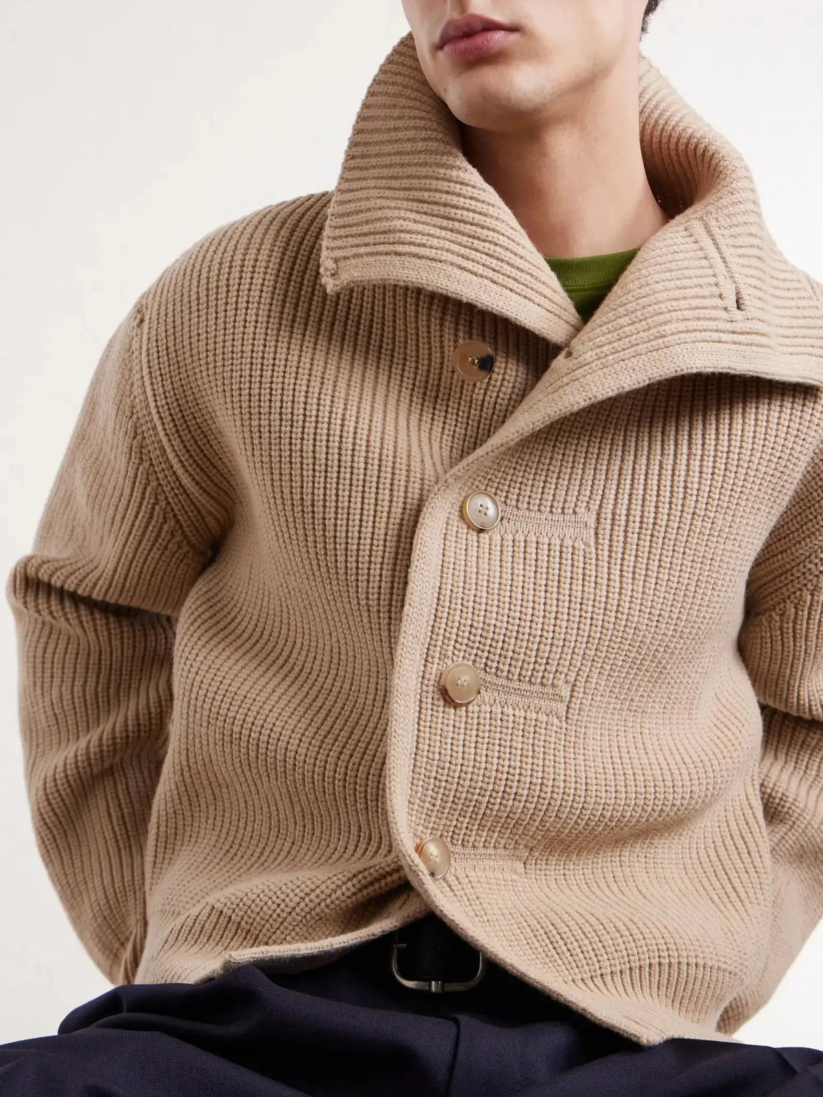 Men's Ribbed Wool Wide Collar Button Up Cardigan, view 2