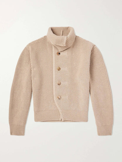 Men's Ribbed Wool Wide Collar Button Up Cardigan, view 4