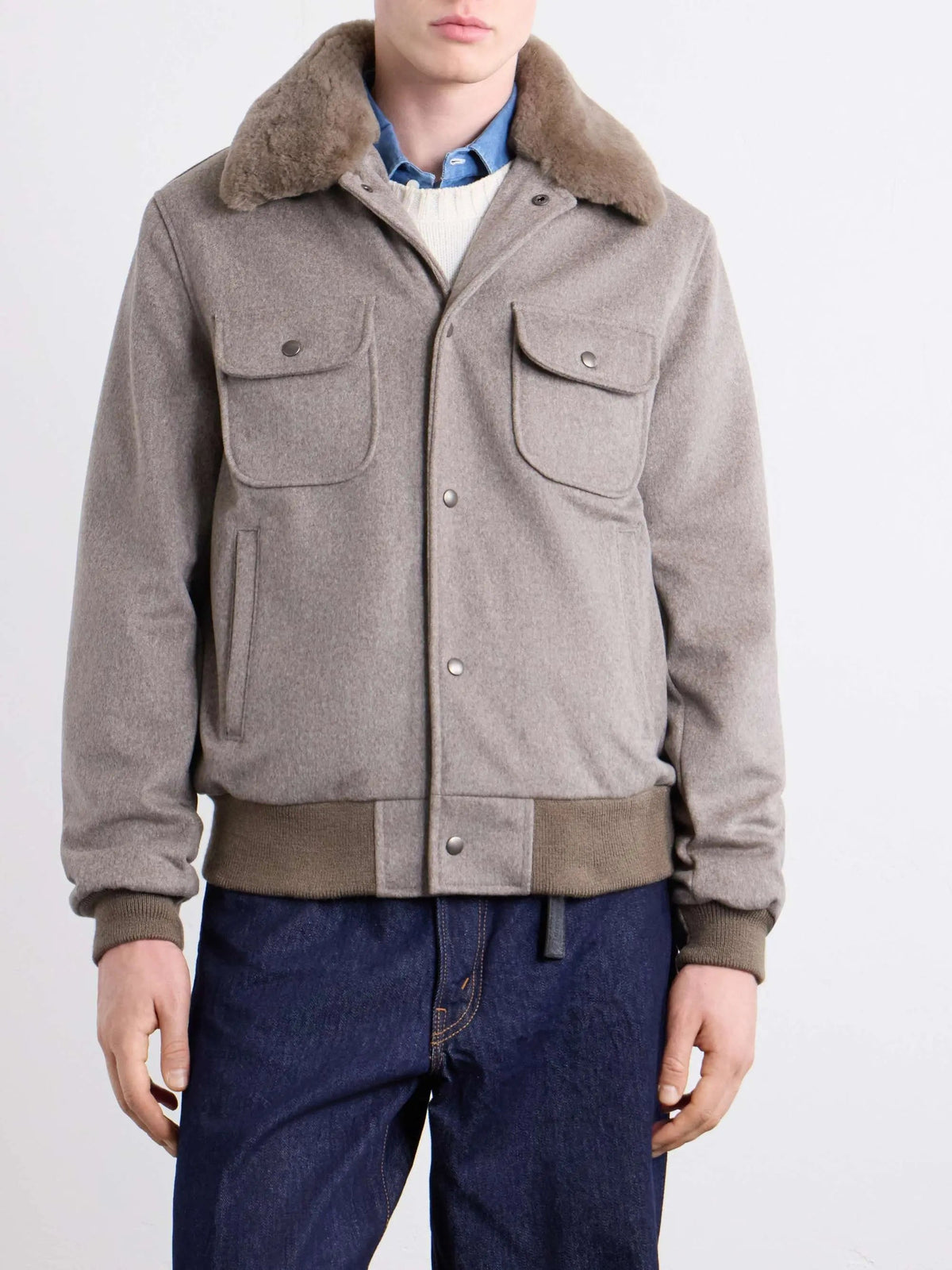 Men's Shearling Trim Wool Bomber Jacket with Flap Pockets, House of Zeno