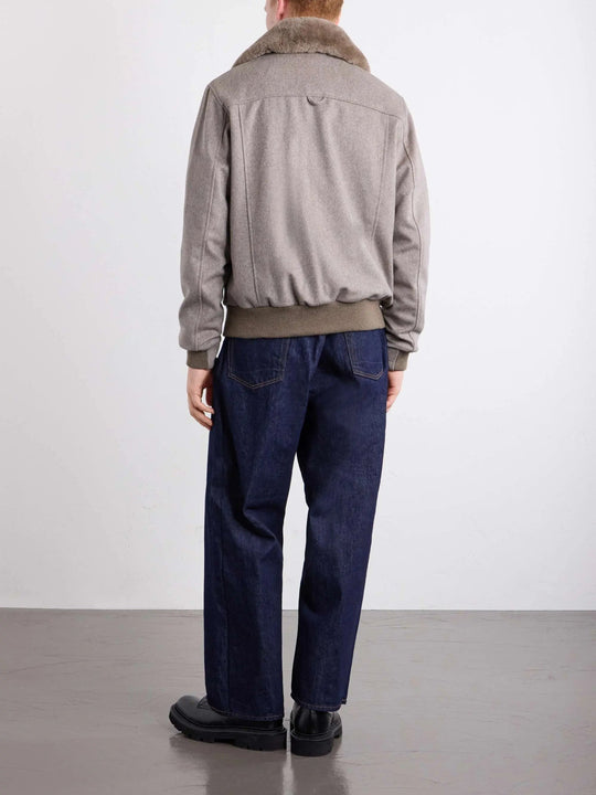 Men's Shearling Trim Wool Bomber Jacket with Flap Pockets