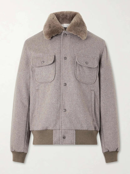 Men's Shearling Trim Wool Bomber Jacket with Flap Pockets, view 3