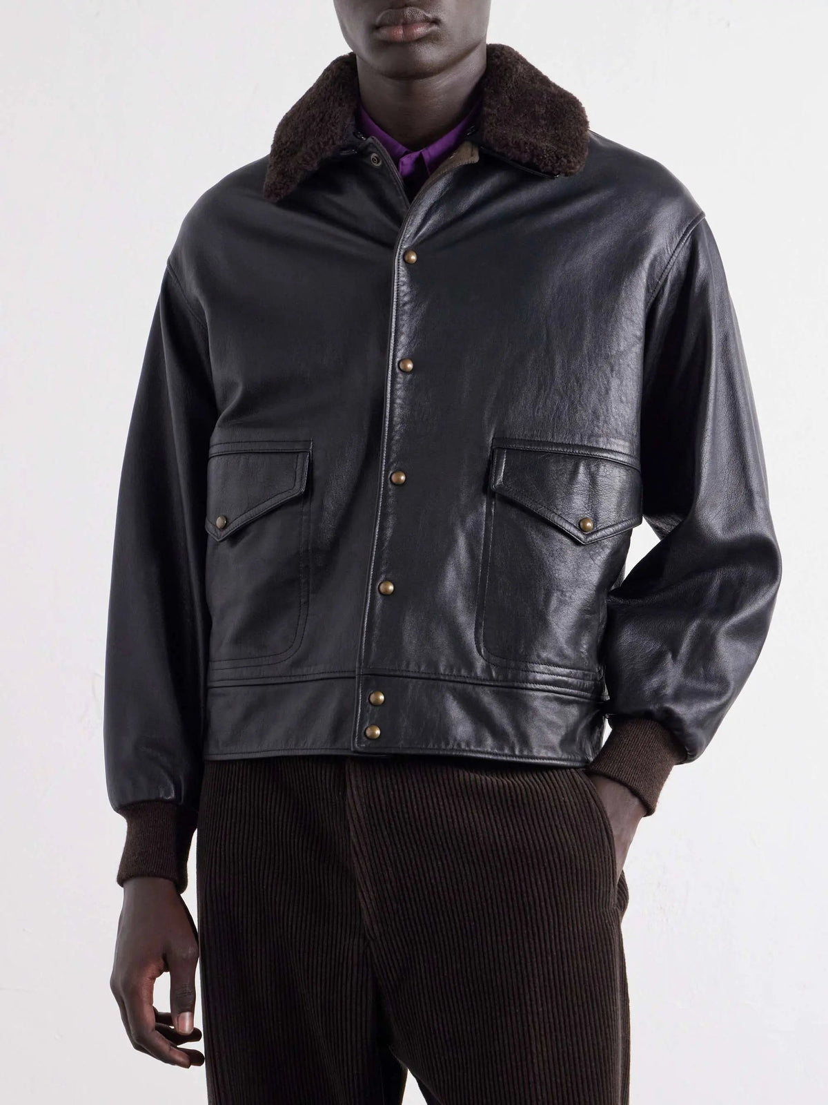 Men's Shearling Trimmed Leather Button Up Jacket with Flap Pockets, House of Zeno