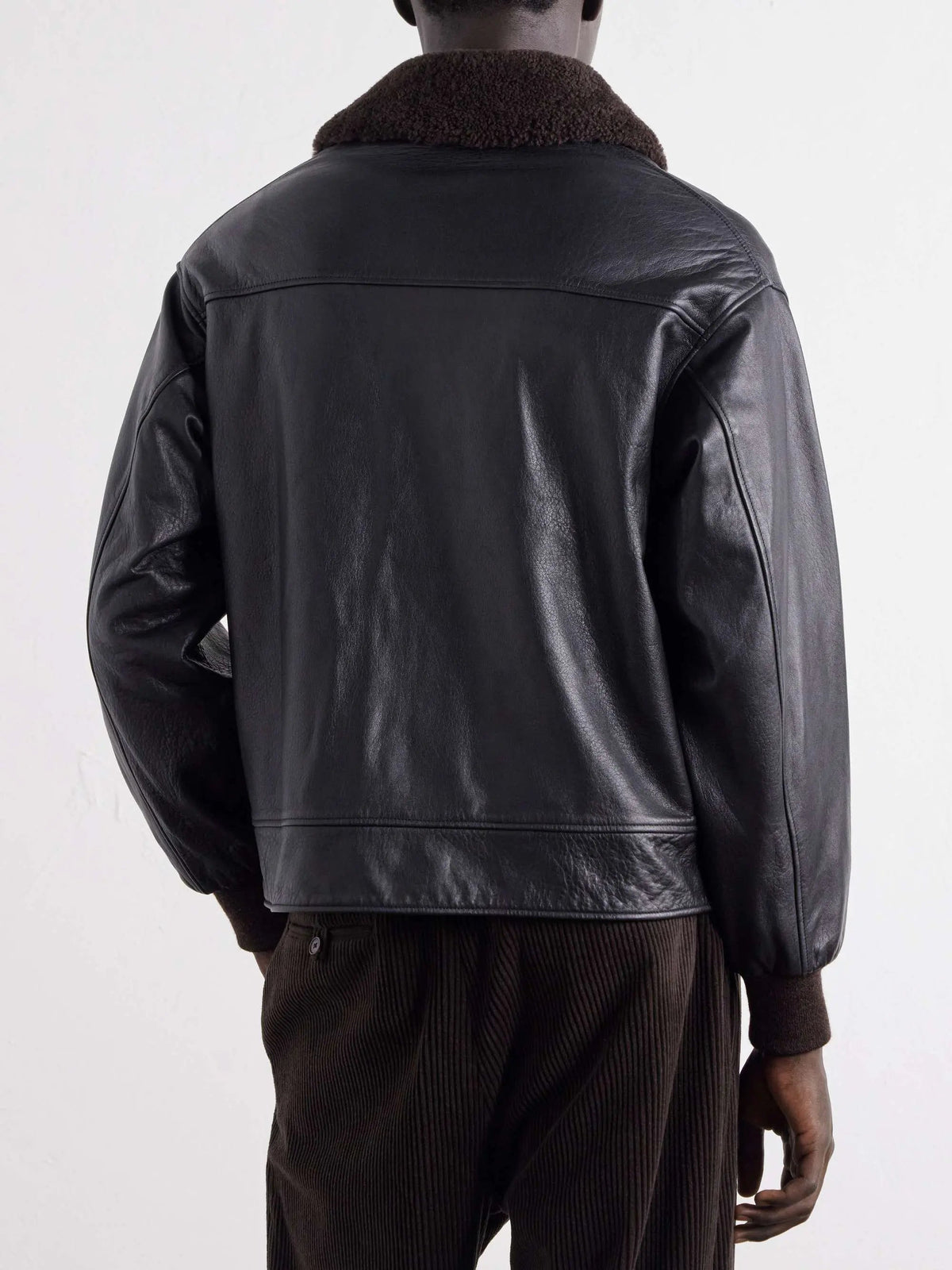 Men's Shearling Trimmed Leather Button Up Jacket with Flap Pockets, view 2