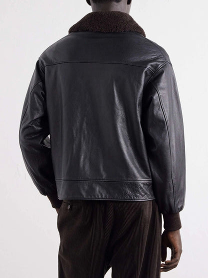 Men's Shearling Trimmed Leather Button Up Jacket with Flap Pockets, view 2