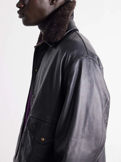 Men's Shearling Trimmed Leather Button Up Jacket with Flap Pockets, view 3
