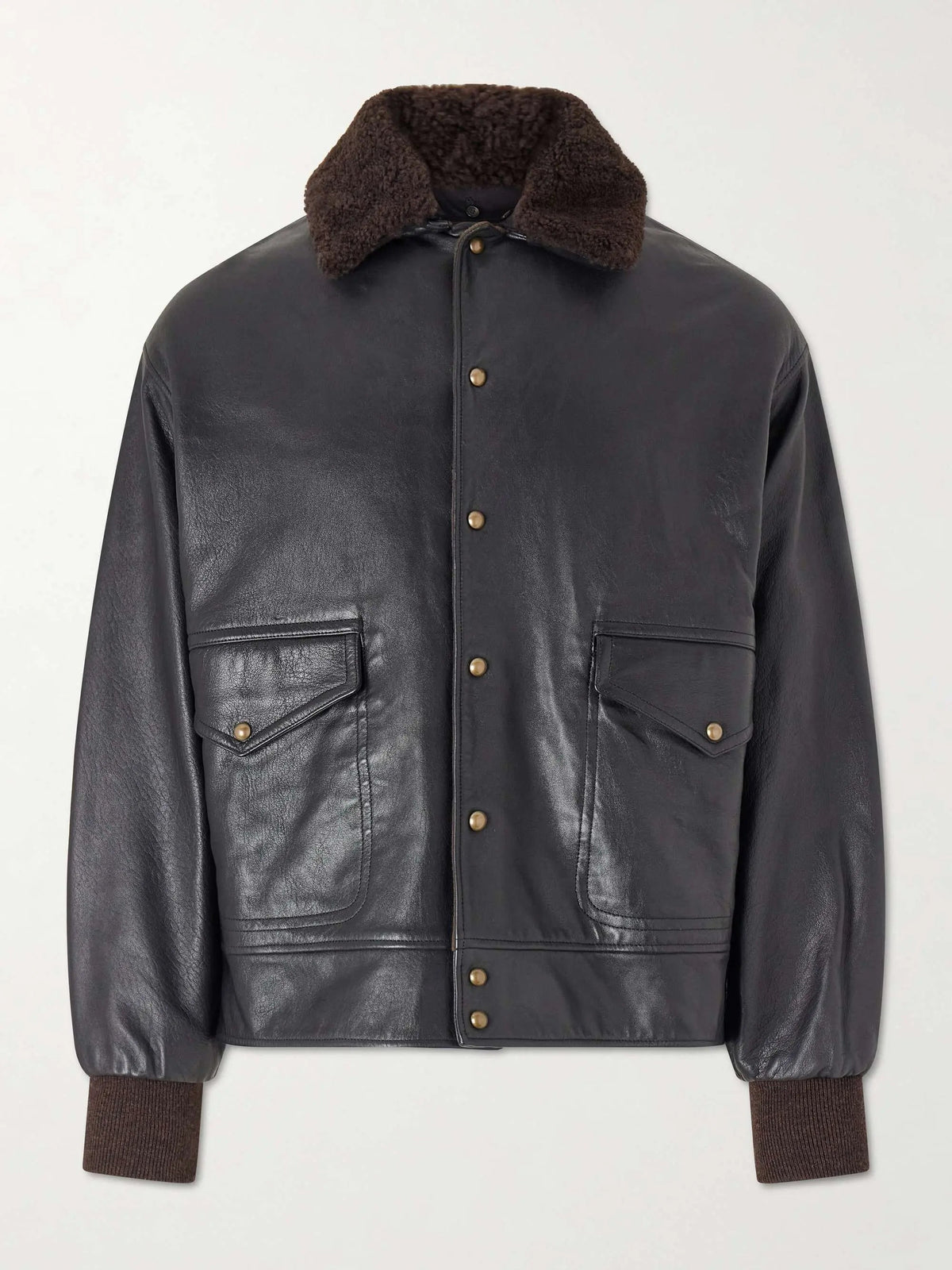 Men's Shearling Trimmed Leather Button Up Jacket with Flap Pockets, view 4
