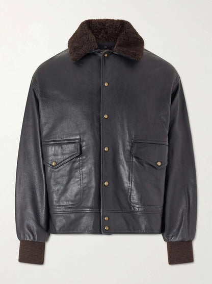 Men's Shearling Trimmed Leather Button Up Jacket with Flap Pockets, view 4