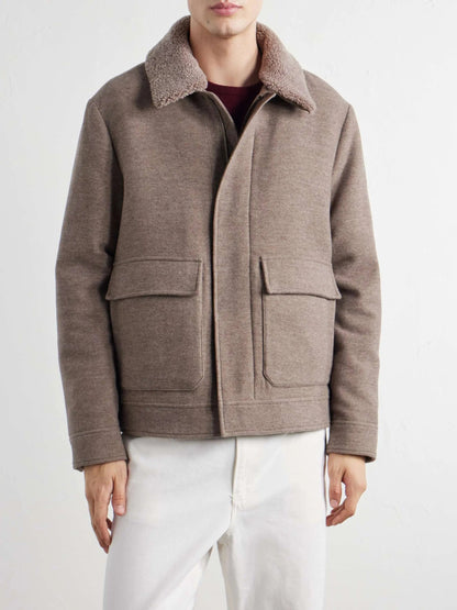 Men's Shearling Trimmed Wool Zip Up Jacket with Flap Pockets, House of Zeno
