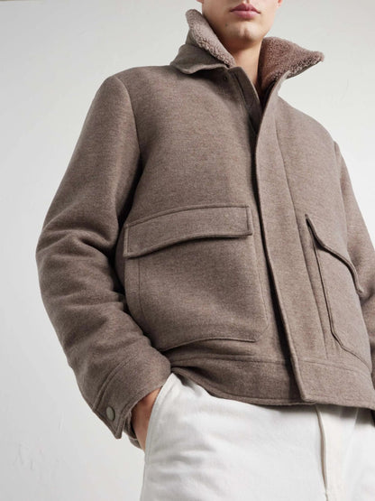 Men's Shearling Trimmed Wool Zip Up Jacket with Flap Pockets, view 2