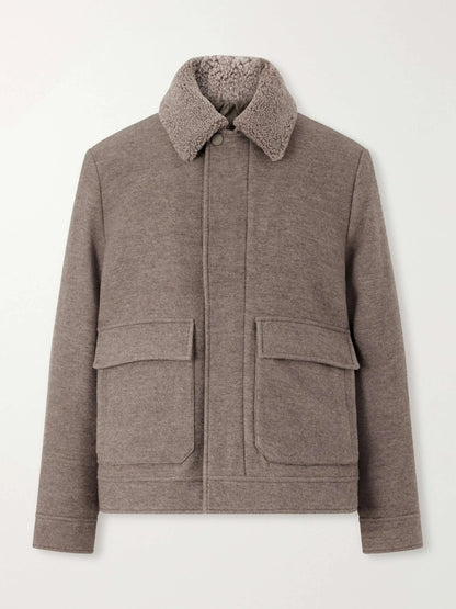 Men's Shearling Trimmed Wool Zip Up Jacket with Flap Pockets, view 3